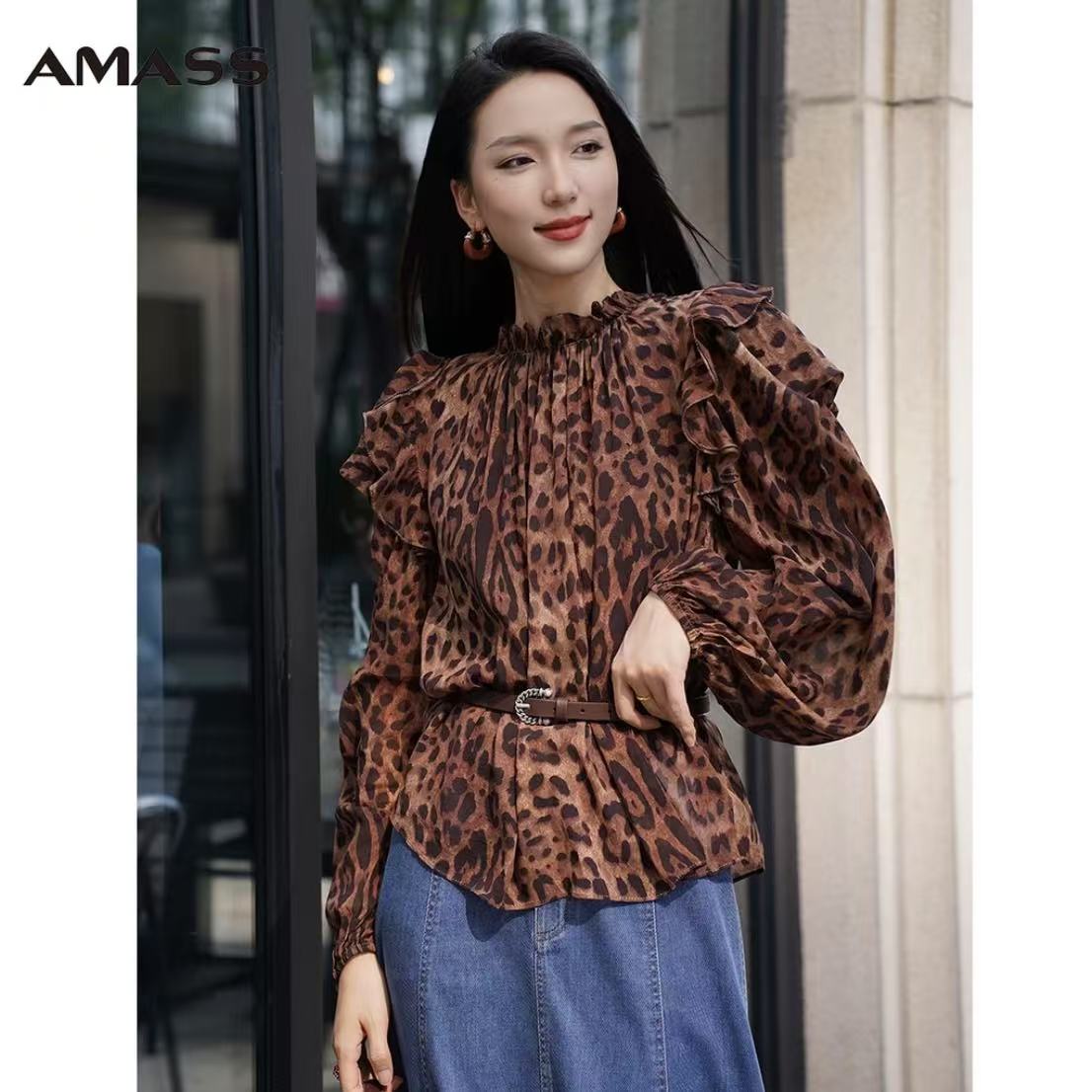 AMASS/阿玛施早秋新款洋气休闲洋气豹纹爆款长袖印花衬衫5300912