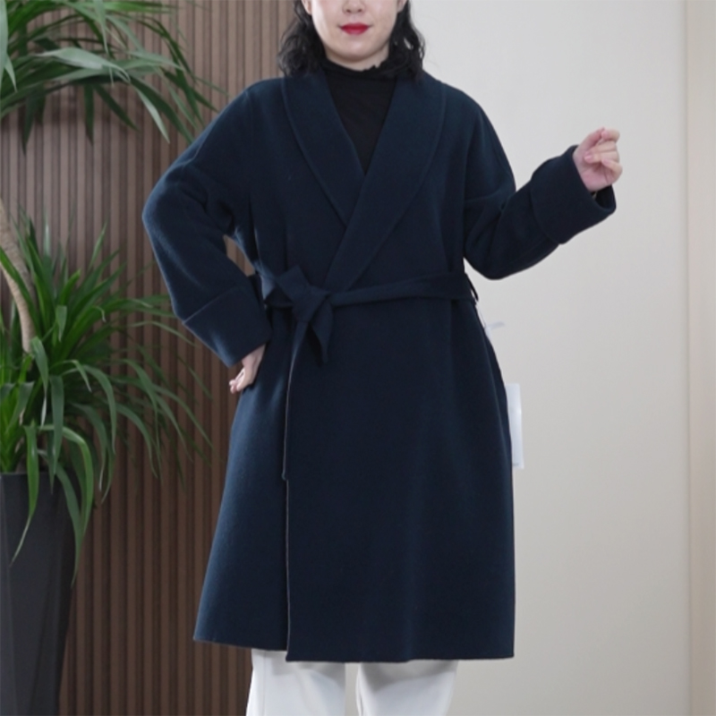 赫拉天后100%高支澳洲羊毛大衣女大码浴袍式双面呢春季毛呢外套