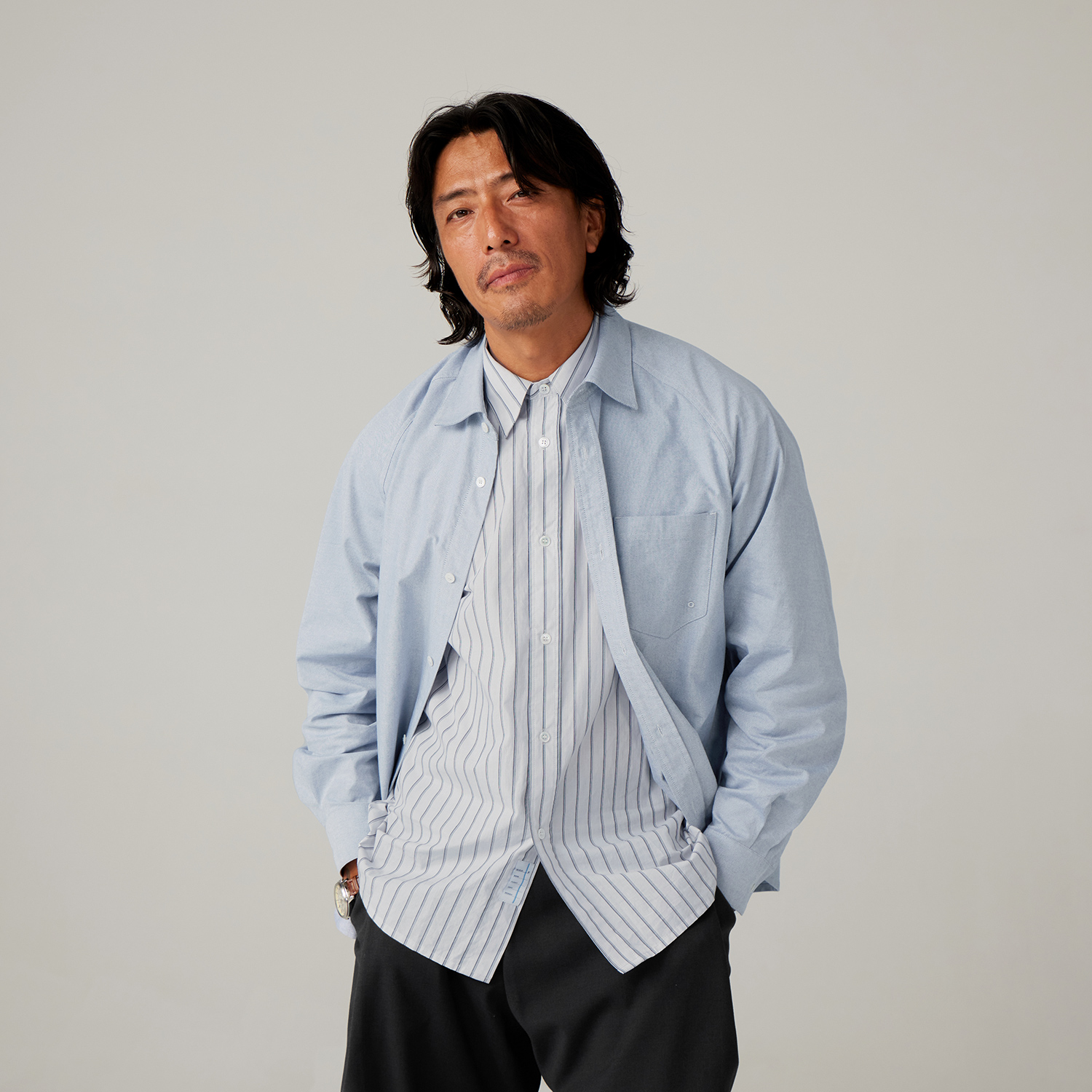 BLUE MONTE蓝岐秋季新款日系条纹宽松休闲双层假两件长袖衬衫男