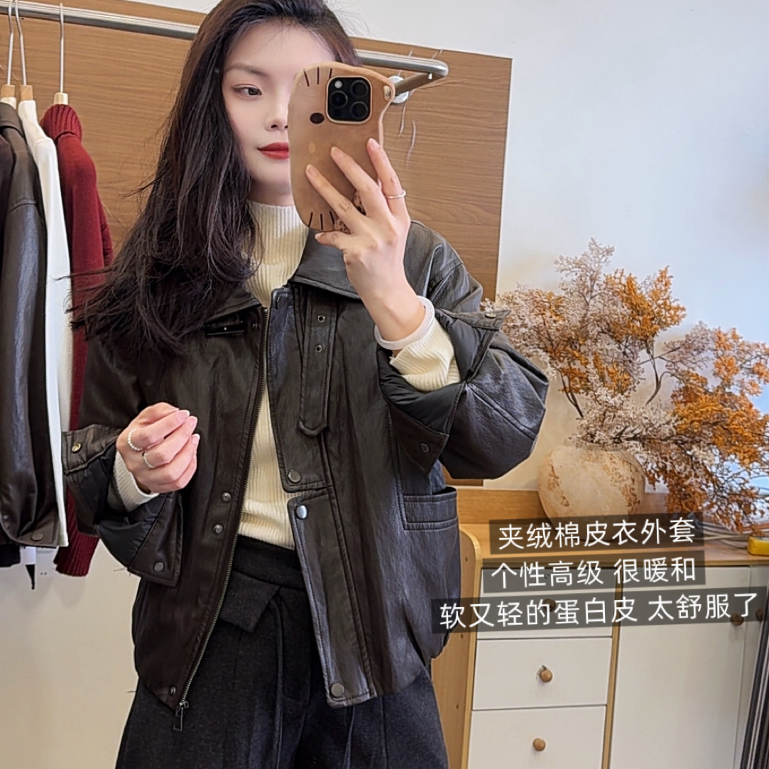 闺蜜皮衣 高级感个性夹绒棉皮衣外套 宽松显瘦加厚皮衣常规版女