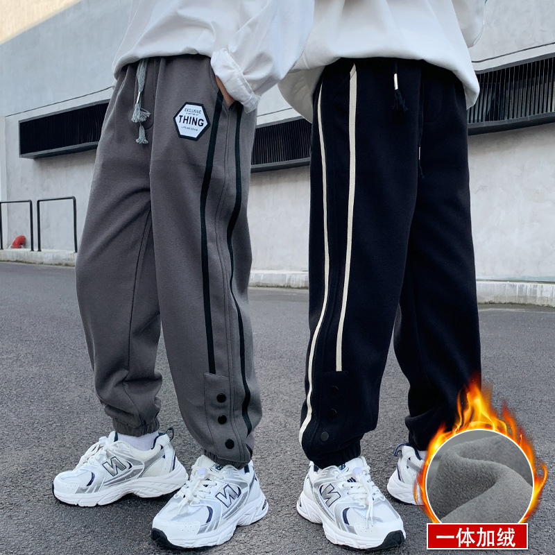男童加绒裤子秋冬季休闲卫裤2025新款中大童一体绒宽松百搭束脚裤