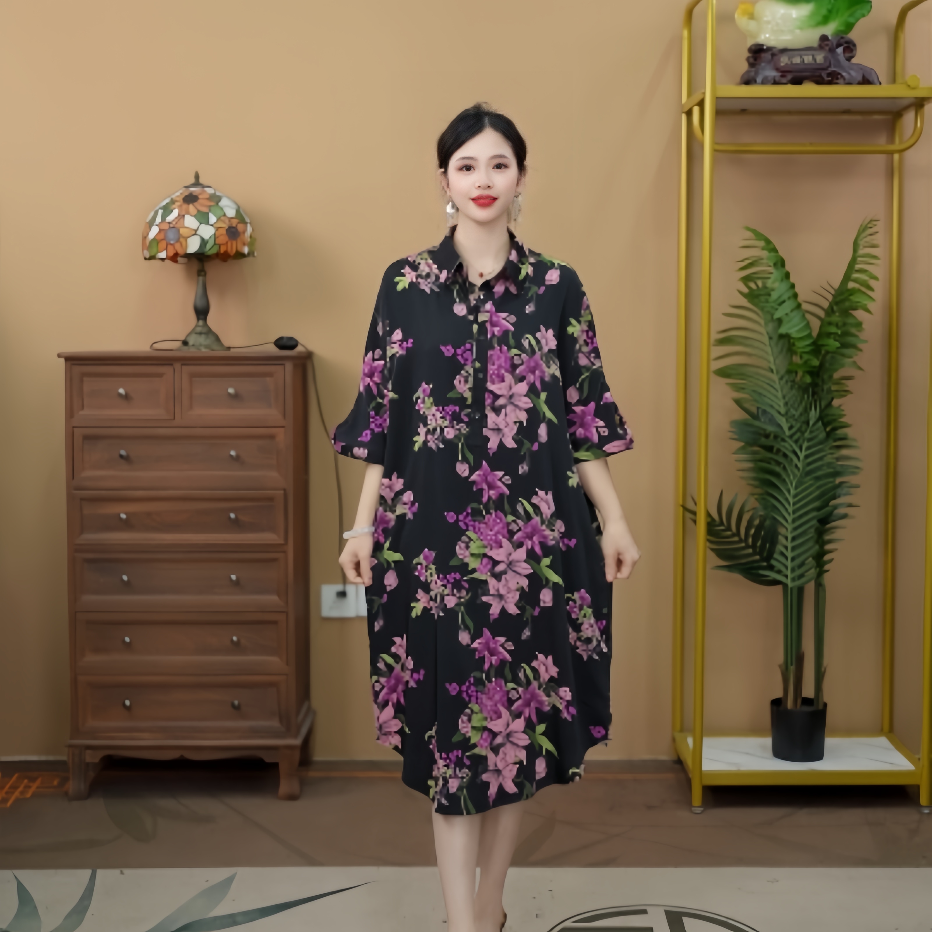 2571  时尚气质高雅紫色印花衬衫领显瘦女装连衣裙