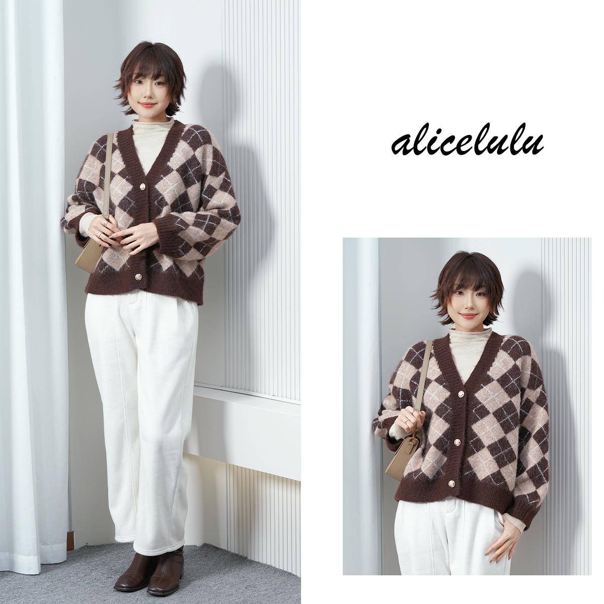 2alicelulu 暖色棋局.别致撞色格纹百搭针织衫S1035719U