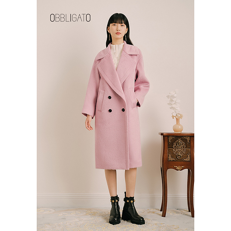 OBBLIGATO奥丽嘉朵金标粉色樱花粉羊驼毛混绵羊毛大衣1C33580110