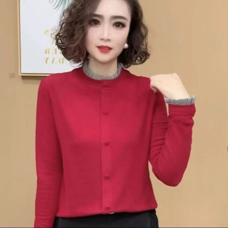 秋冬新款领口花边时尚洋气气质长袖保暖打底衫