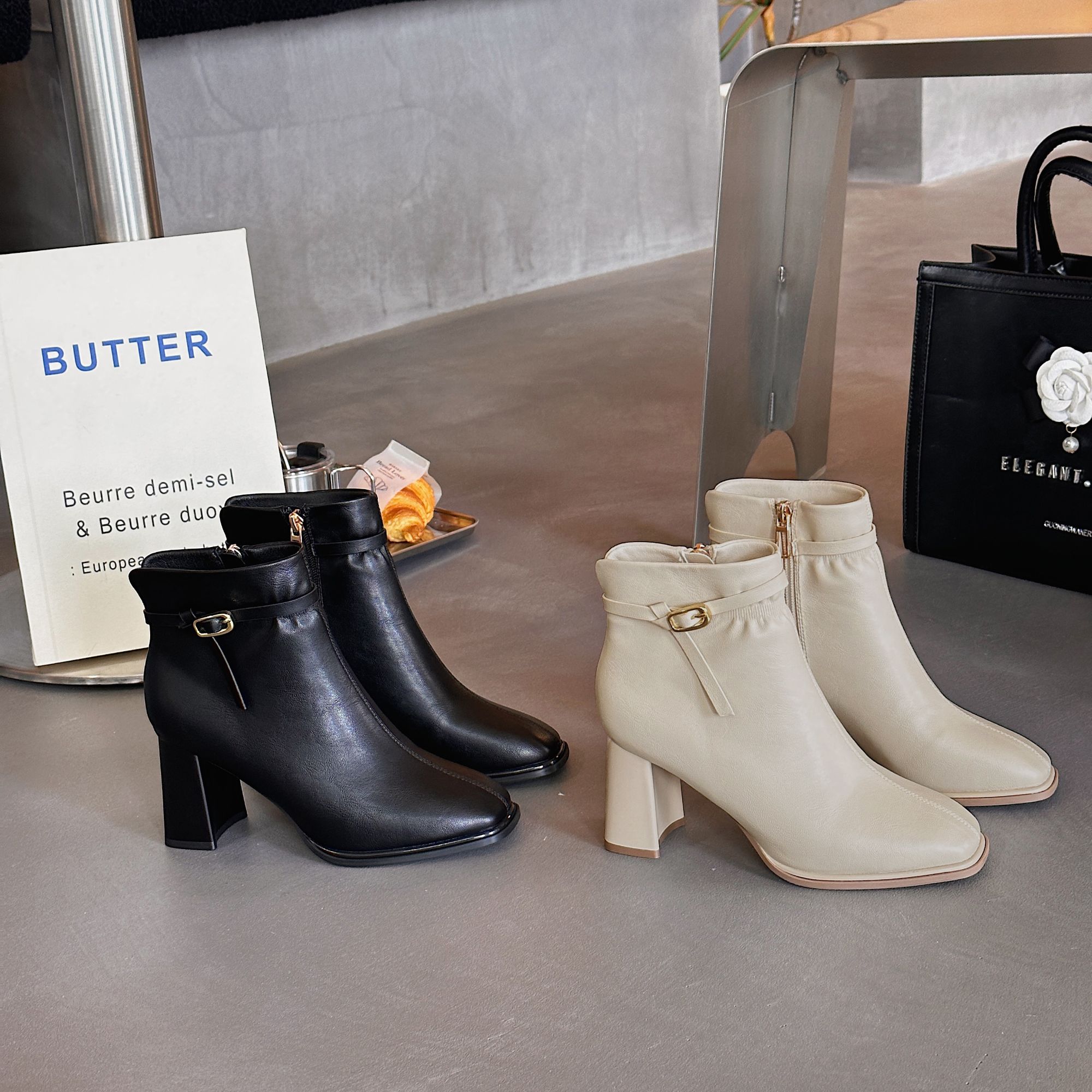 冬季方头法式高跟粗跟短靴靴子粗跟靴尖头时装靴时尚5569跟鞋百搭