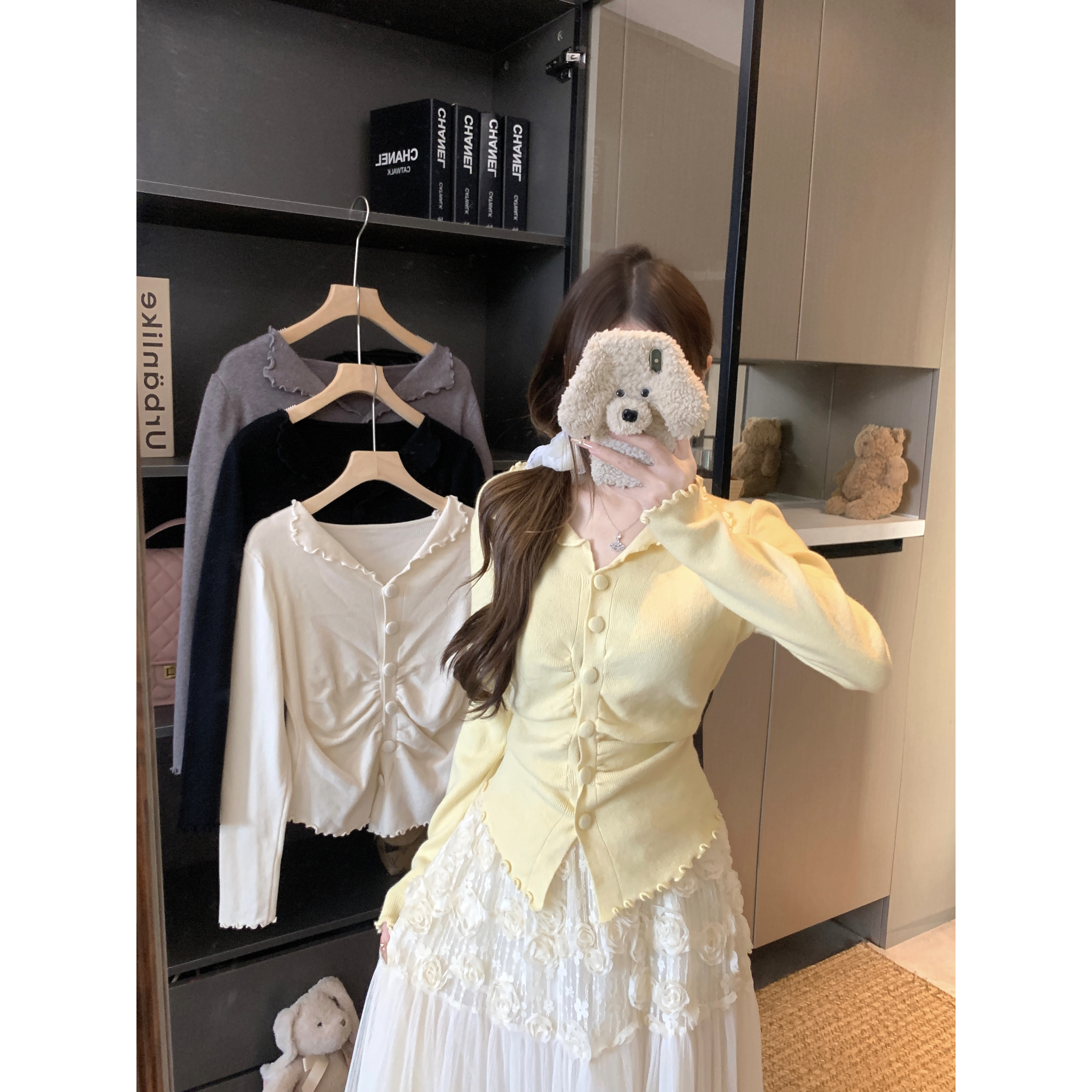 大码通用装翻领木耳边软糯针织开衫通用秋冬胖mm修身收腰内搭上衣