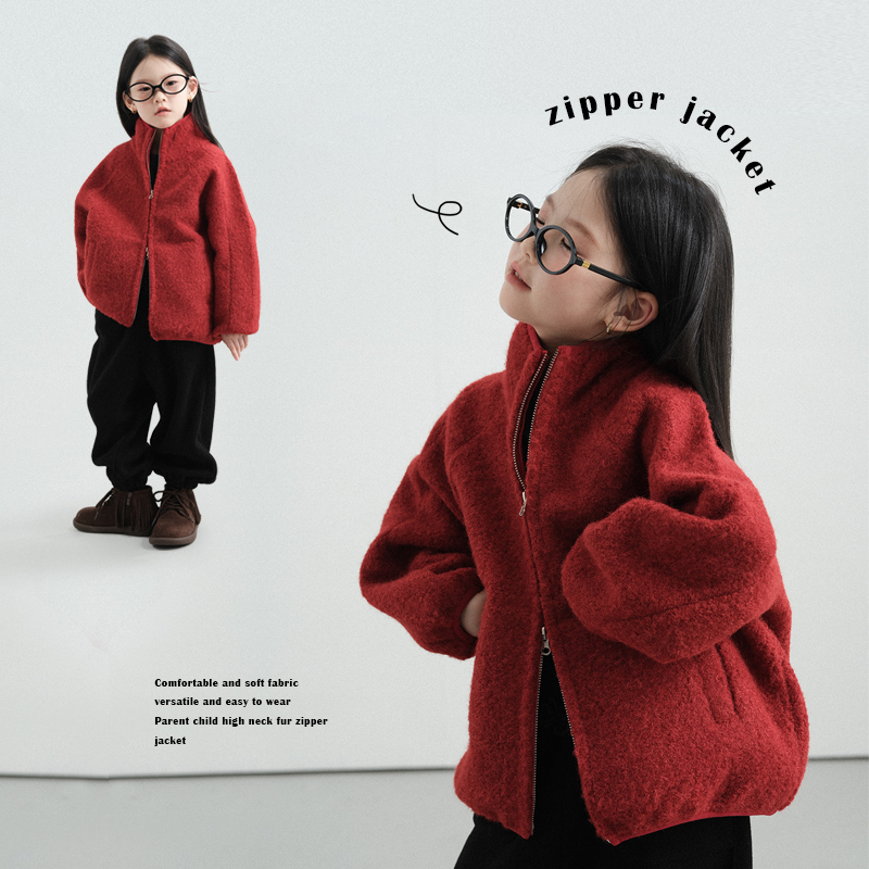 史豌豆女童亲子高领毛毛拉链外套 Y4427