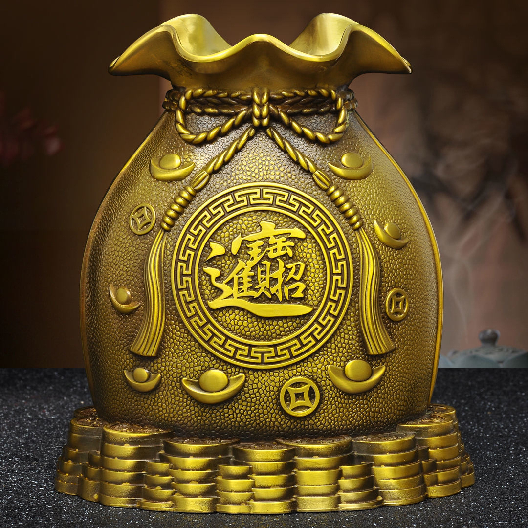 1 2cm纯黄铜钱袋八卦储蓄罐摆件创意存钱罐福袋家居办公室装饰