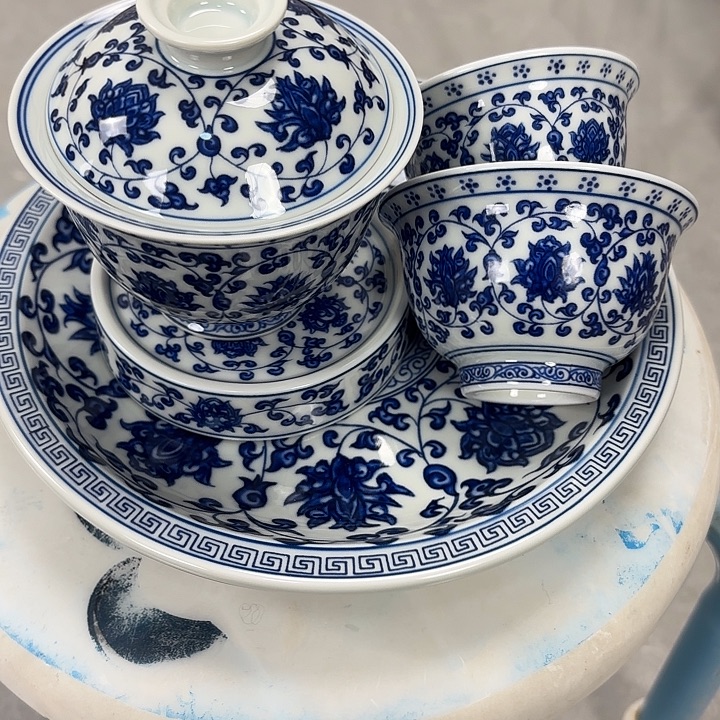 奇***也摆件陶青花缠枝连五件套