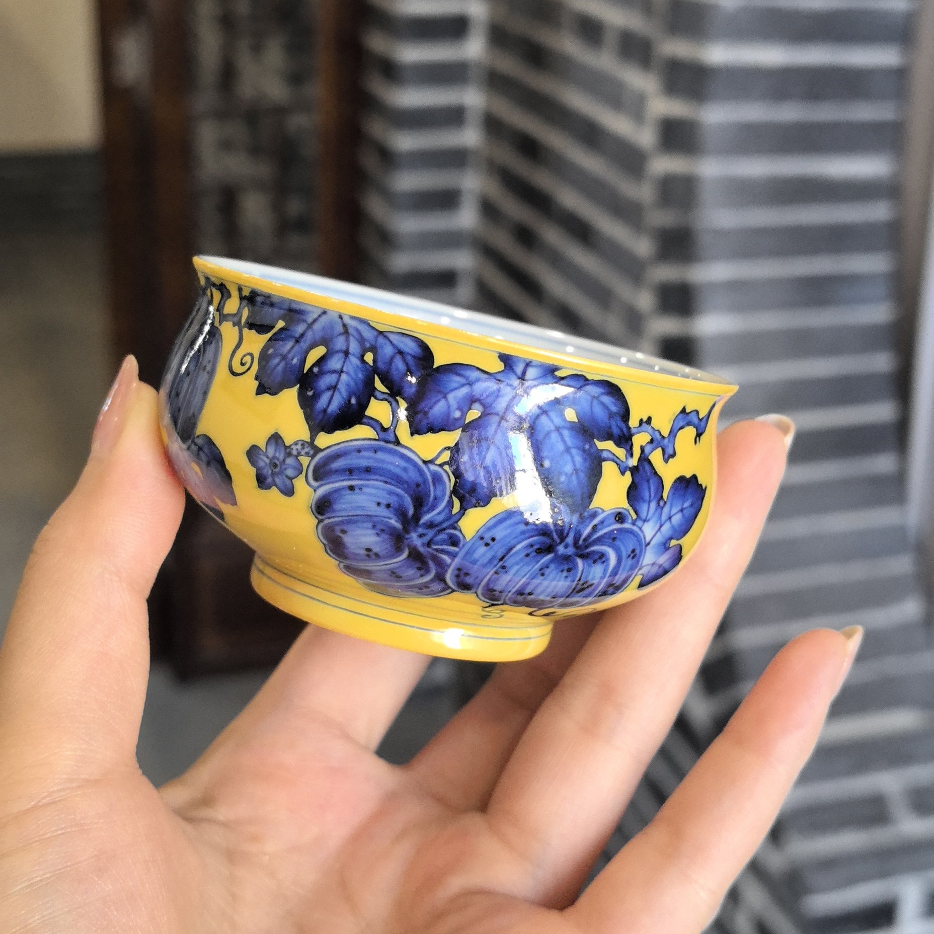 【品遗敬仁】洪印慕明黄釉折枝南瓜炉式杯120cc 口径8高4.5cm