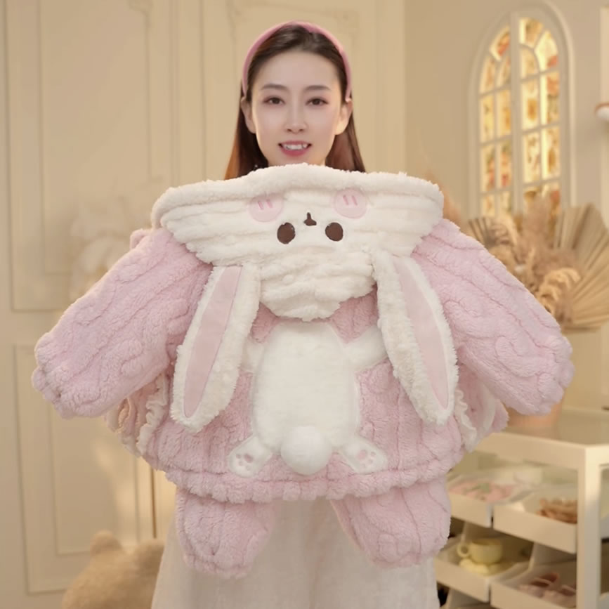 儿童装女童宝宝卡通保暖加绒加厚外穿连帽可爱兔家居服套装24136