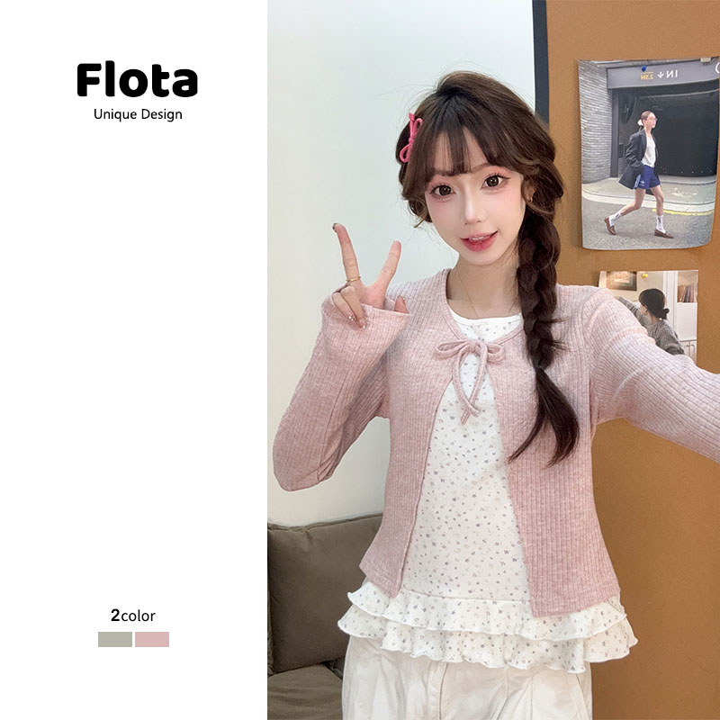 【flota】甜美碎花假两件针织衫修身内搭绑带设计感长袖打底衫2844