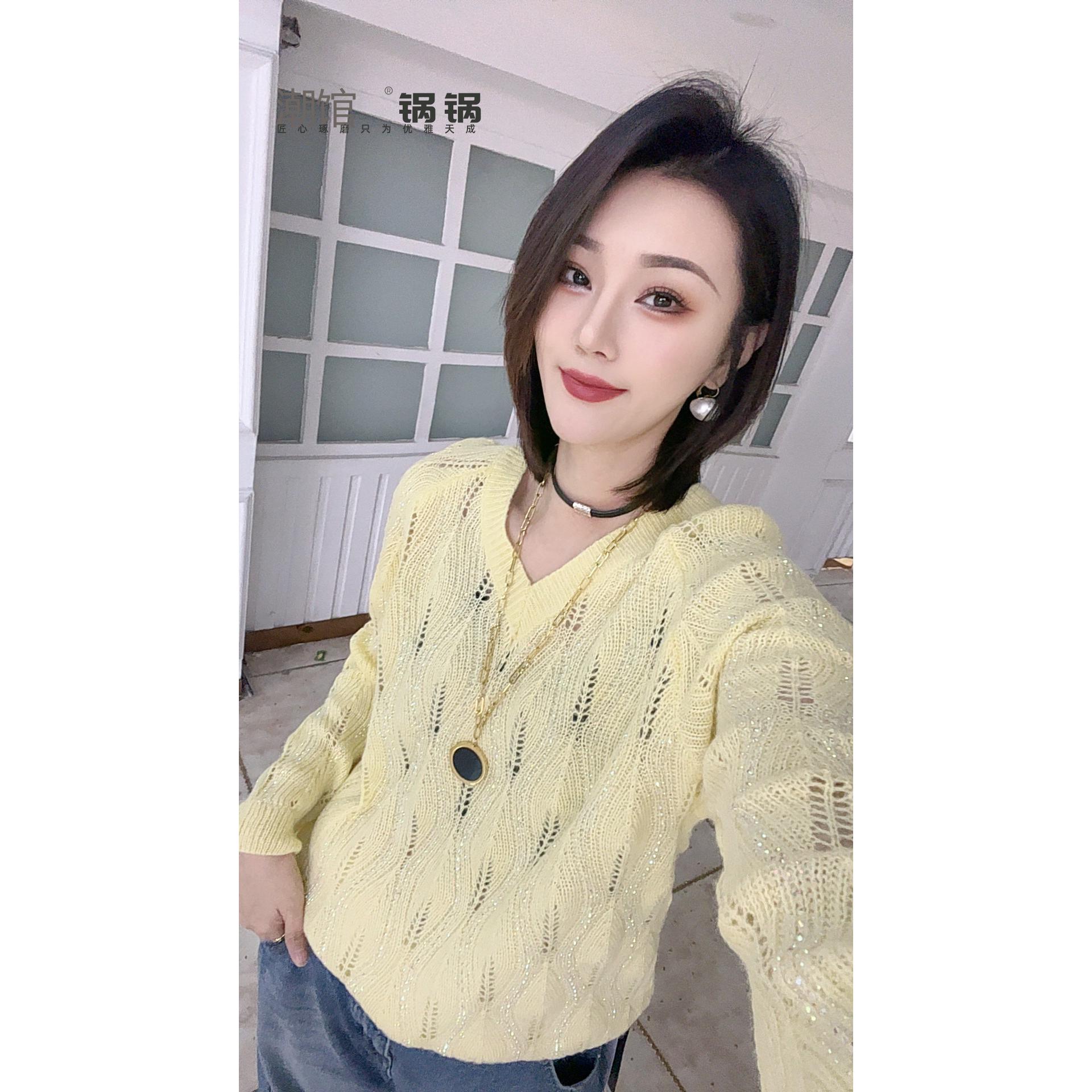 薄款针织镂空长袖女装常规V领女时尚毛针织衫宽松