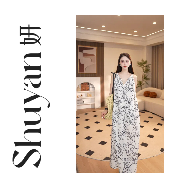 Shuyan妍【水墨花鸟】花卉印花天丝亚麻挂脖吊带轻度假连衣裙639352