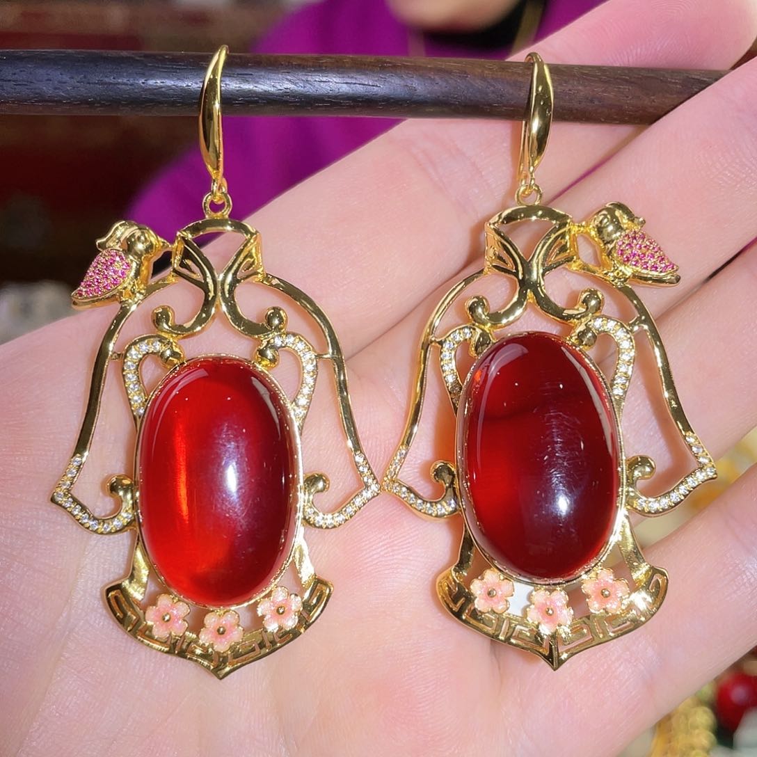 血珀耳环银S925镀金镶嵌