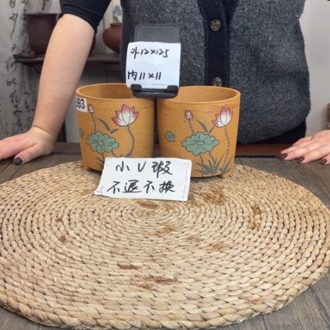 紫砂花盆微瑕柴烧手绘直筒到手两只593