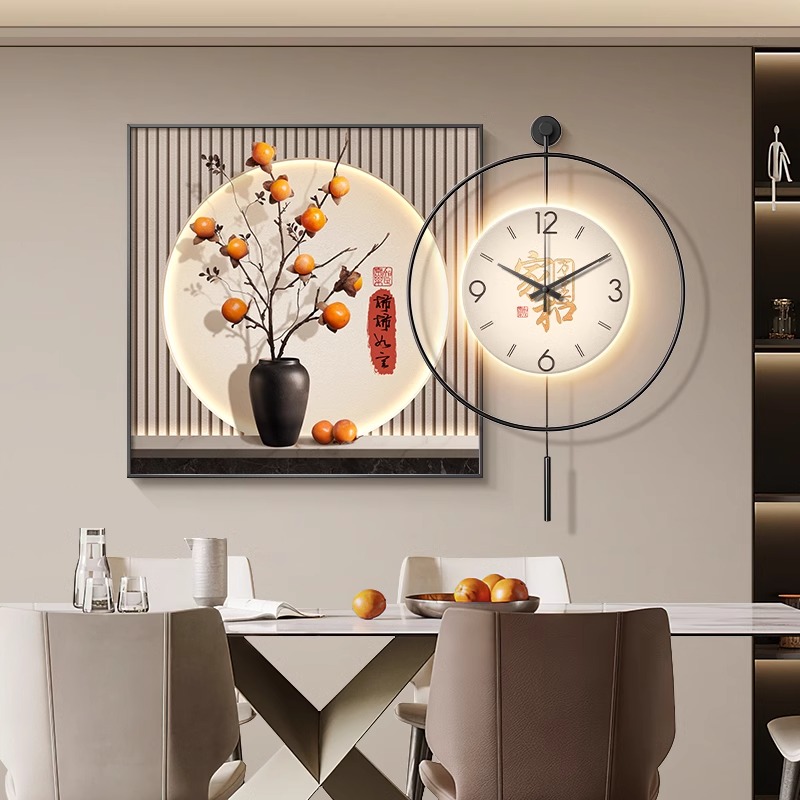 现代轻奢餐厅装饰画柿柿如意高级感餐桌背景墙挂画饭厅钟表挂钟画