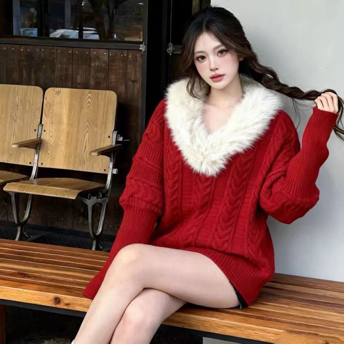 气质高级法式毛领复古麻花毛衣蝙蝠秋冬毛毛慵懒宽松上衣针织衫