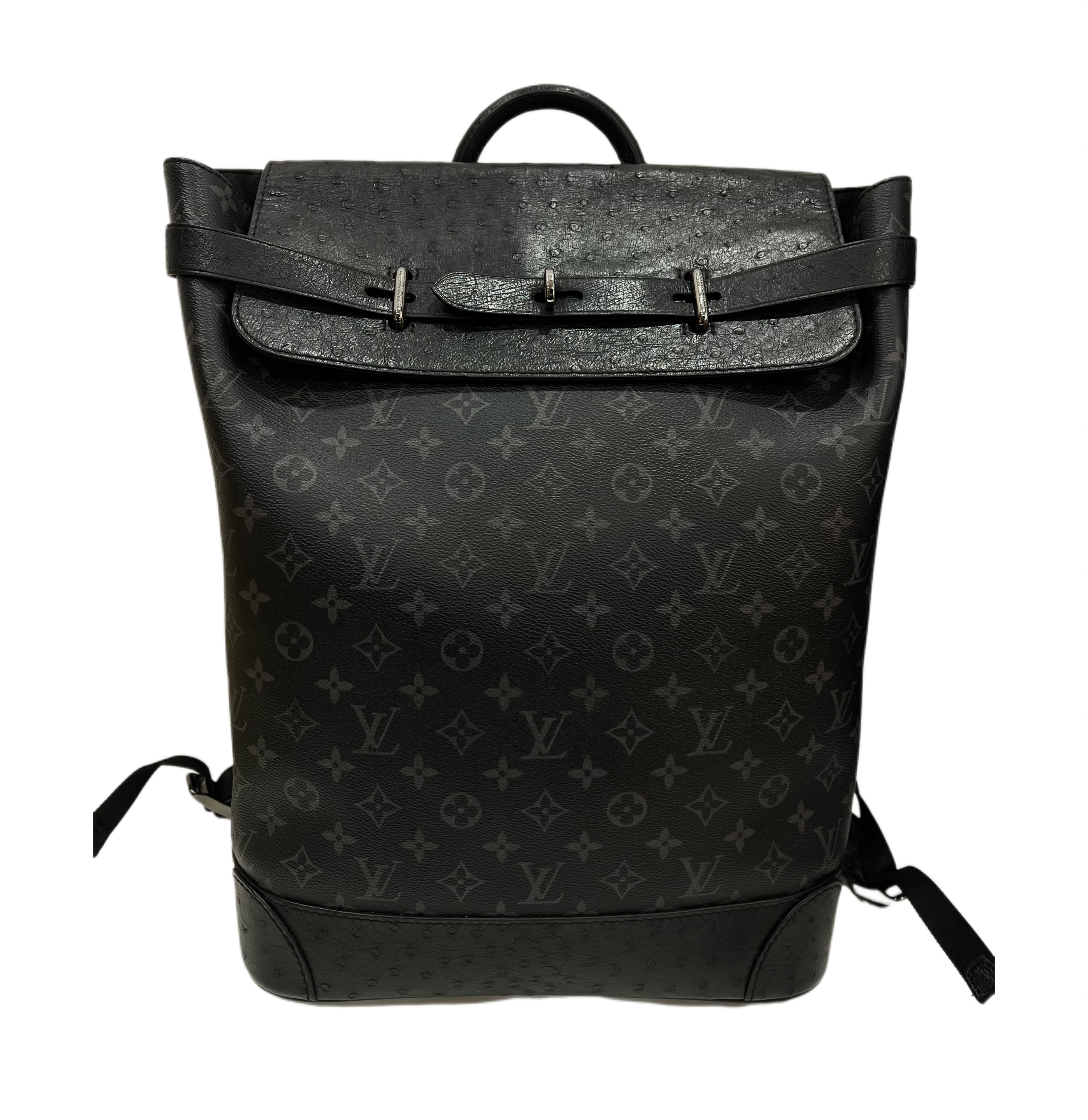 99新 LouisVuitton/路易威登 限量 Steamer黑老花拼鸵鸟皮双肩包