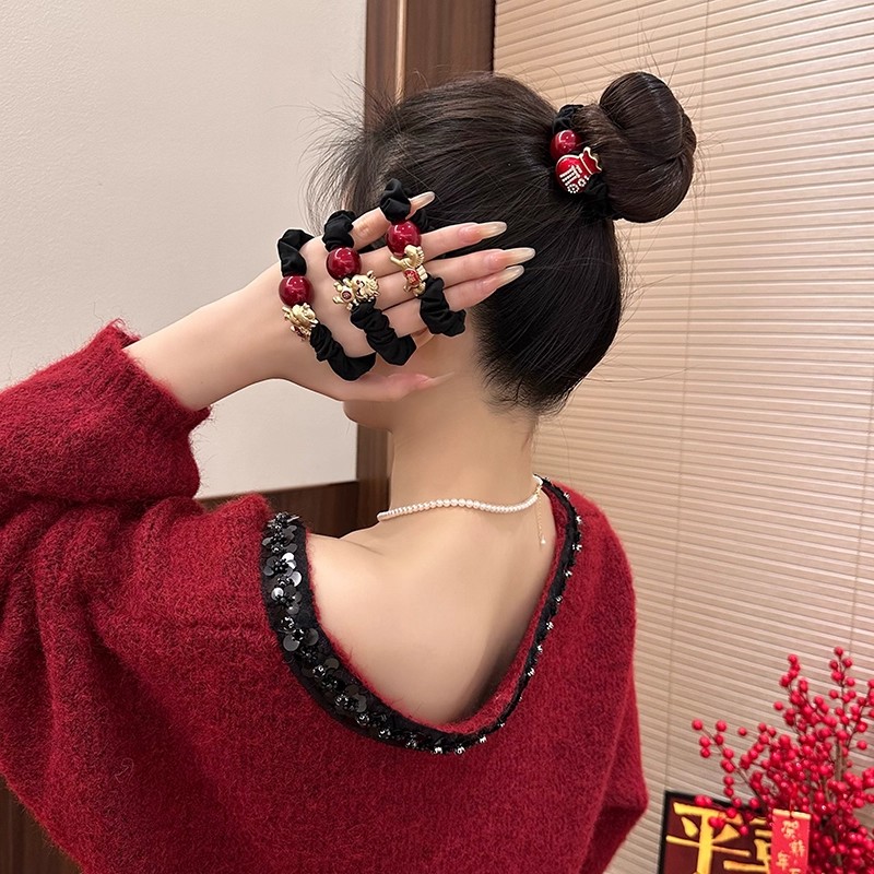 本命年红色珠珠马年发圈女高级感洋气时尚2026新款新年丸子头发绳商品图