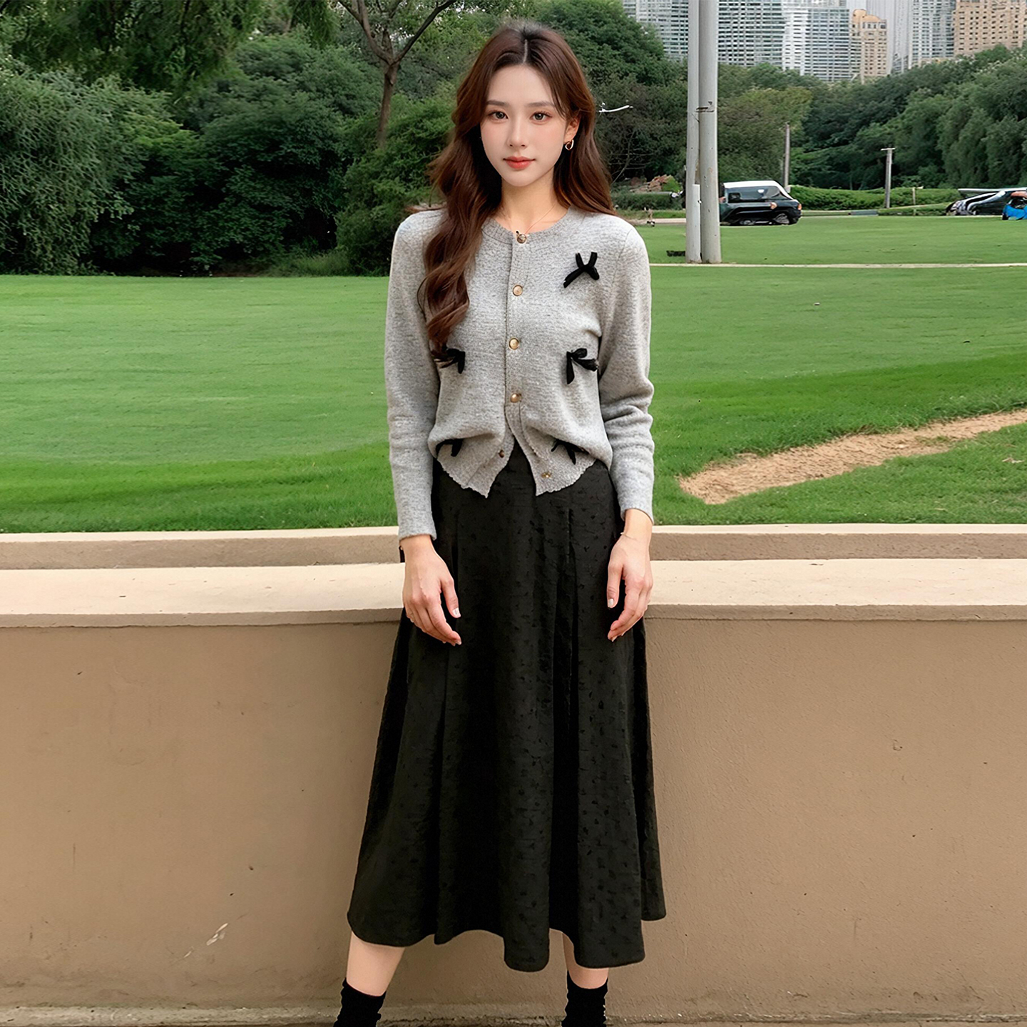 奢姿大码女装2025冬季时尚蝴蝶结装饰上衣气质波点半身裙两件套装