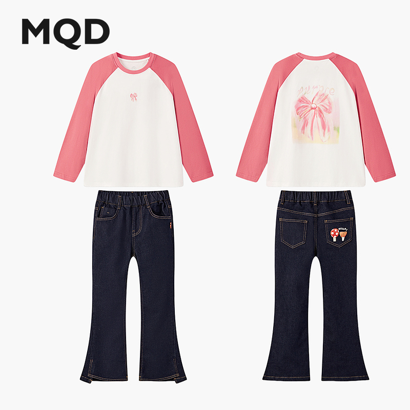 MQD女童25秋新款街潮学院风撞色插肩袖卡通亲肤长袖套装TCW0313B