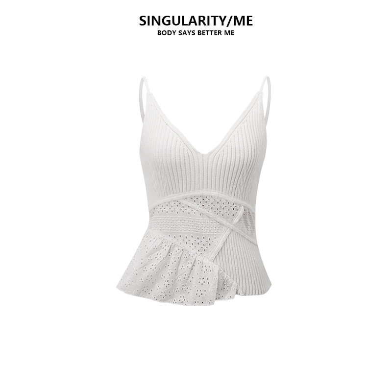Singularity Me 1S 14177 坑条针织吊带V领拼接镂空花边背心