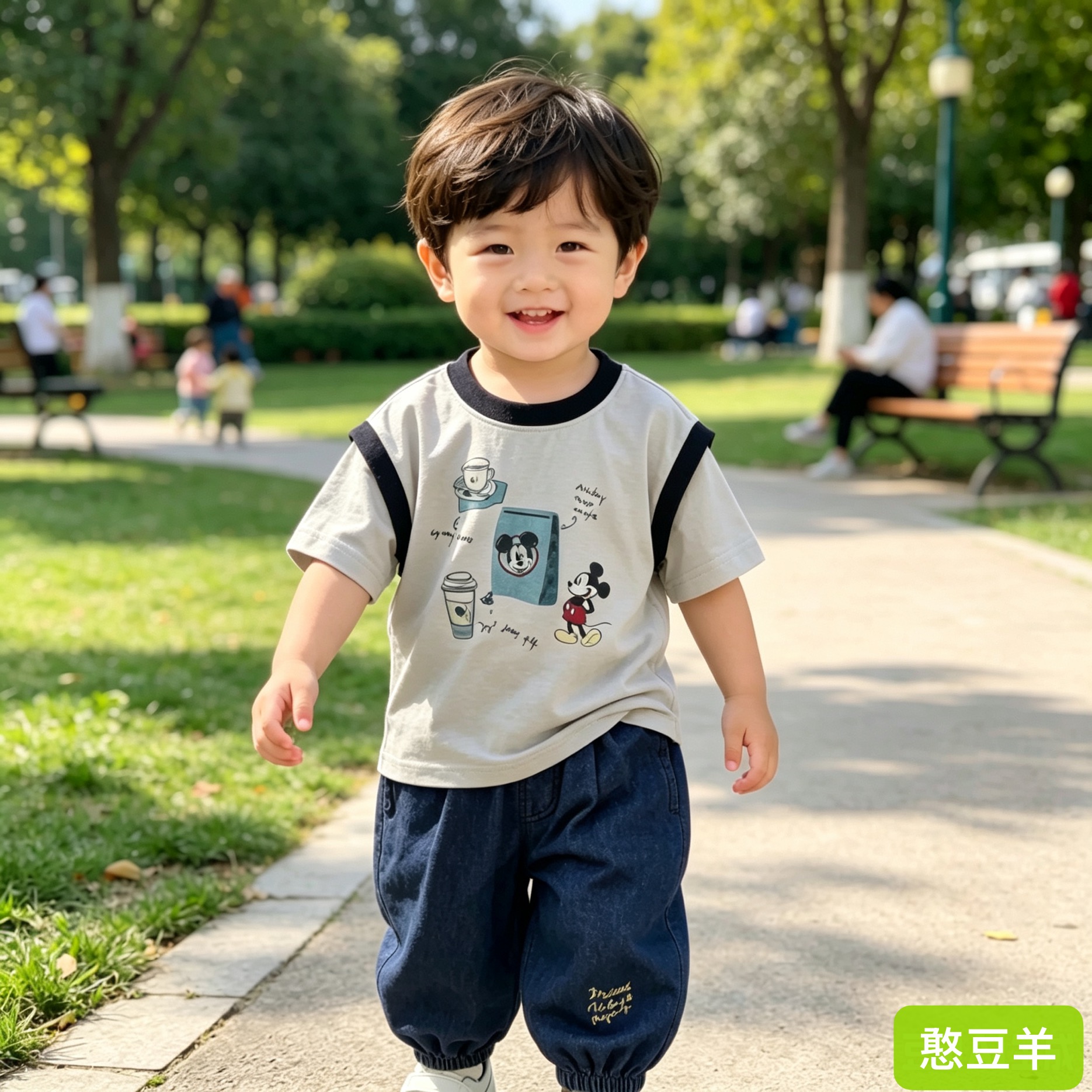 【憨豆羊】夏季儿童假两件灰蓝色米奇T恤515(超薄雪花棉，巨凉快！）