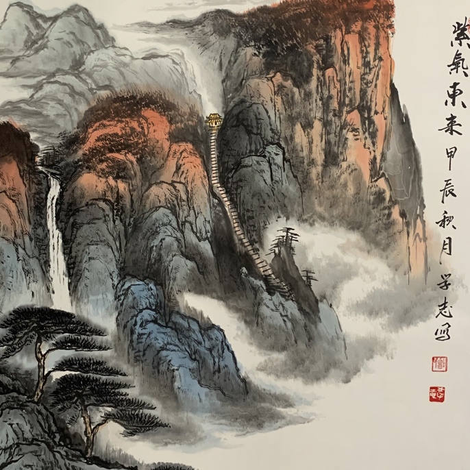 宣纸国画山水紫氣东来画心尺寸6 9 X 6 9已托心无框
