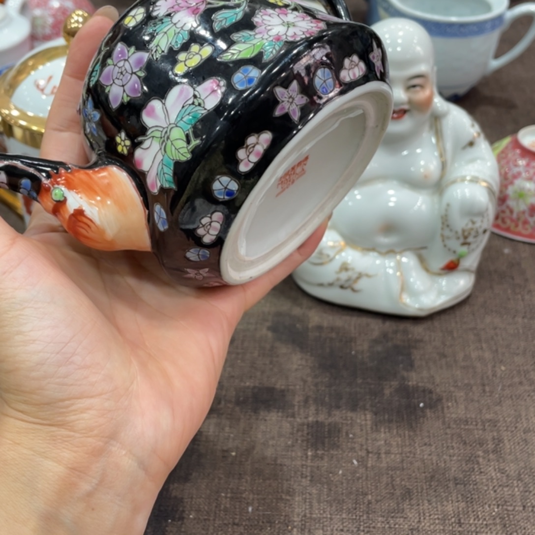 淡***志瓷片景德镇粉彩黑万花象鼻壶