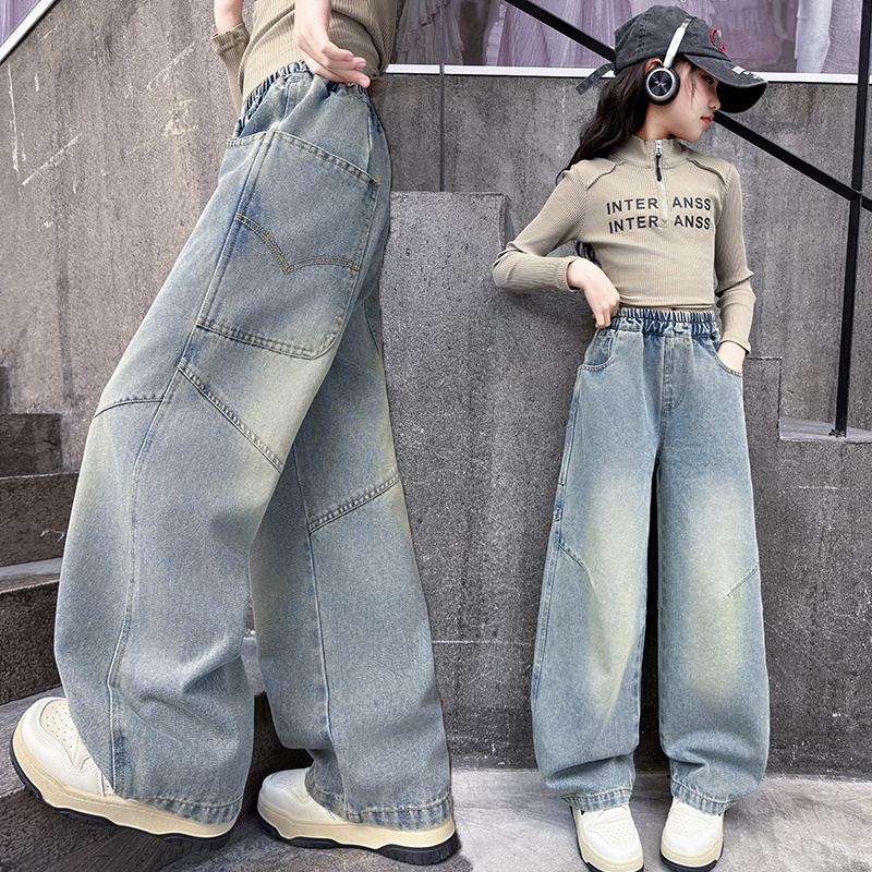 女童裤子春秋装2025新款6-12岁初中生女大童韩版春季牛仔阔腿裤潮