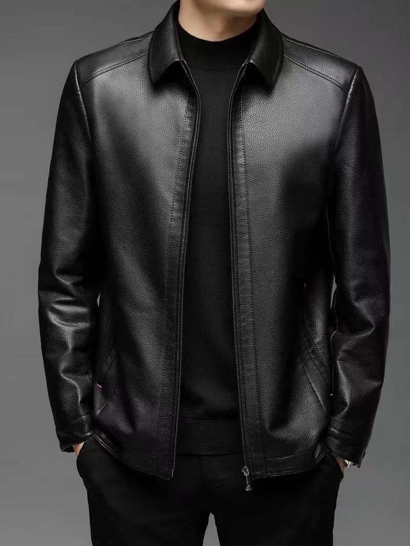 宽松型厚款男纯色直下摆翻领皮衣中年秋冬商务加绒