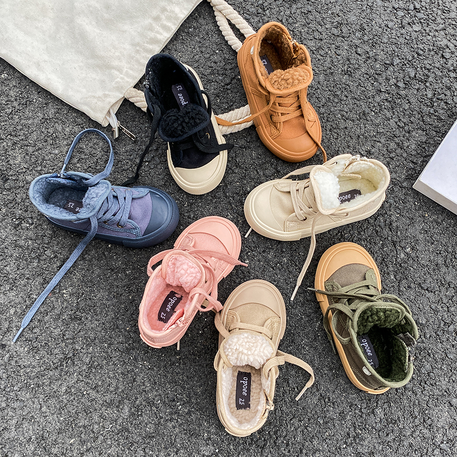 男童女童时尚棉靴纯色韩版冬季通用保暖舒适童鞋纯色系带大童小童
