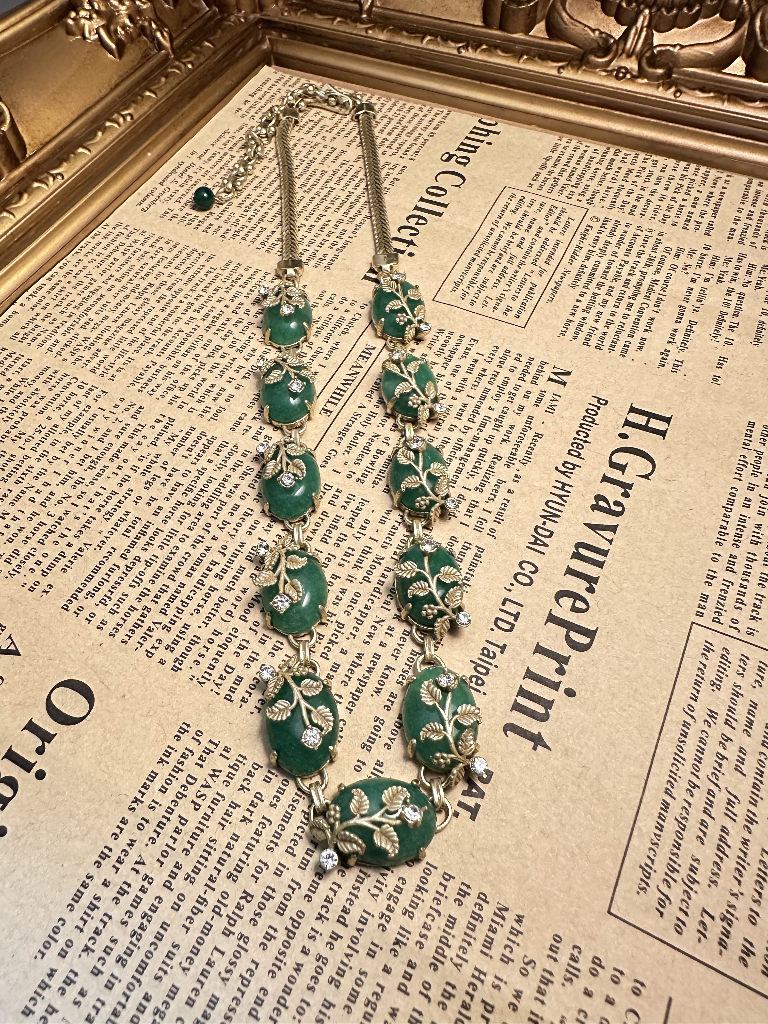 铜合金锆石项链 中古镀金绿色石头花枝掐丝项链 N0421