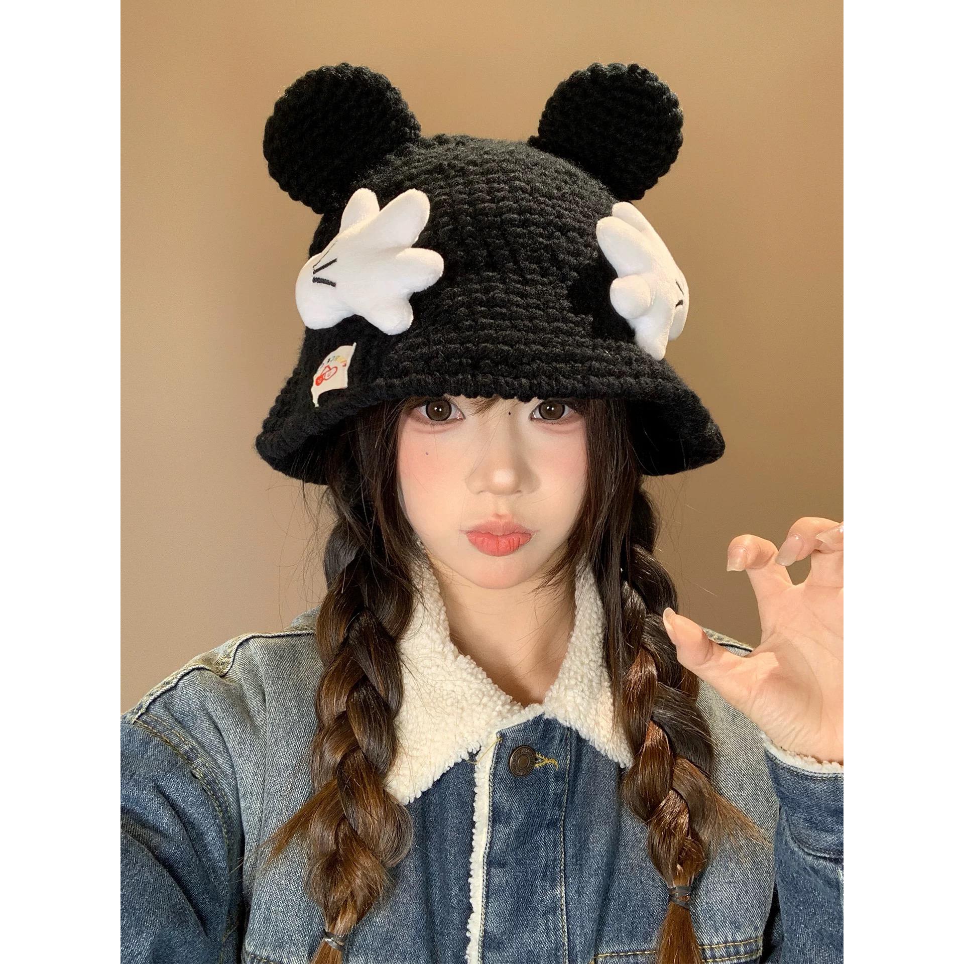 可爱卡通米奇针织渔夫帽女秋冬加厚保暖显脸小护耳毛线