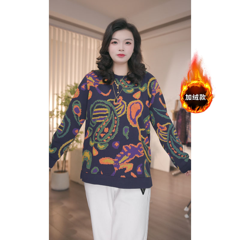 大码女装印花圆领休闲风宽松型常规款加绒大码长袖