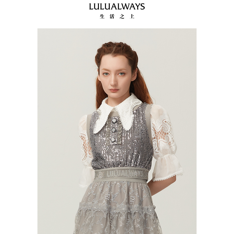 LULUALWAYS秋季针织款小水钻马甲复古珠片上衣女外穿LN107