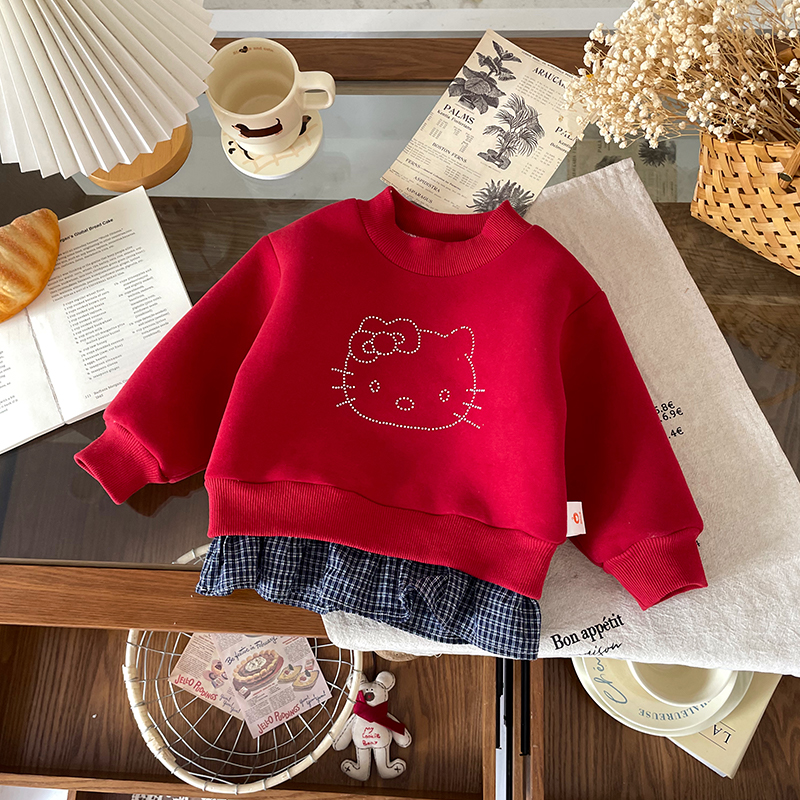 【现货】DY259772冬季新款儿童卫衣女童加绒加厚上衣女宝冬装喜庆