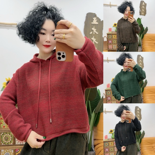 1036#花线连帽毛衣「衣长约54cm」