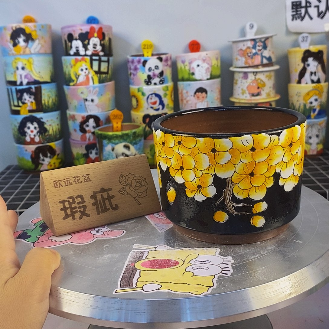 紫砂花盆红陶手绘花盆