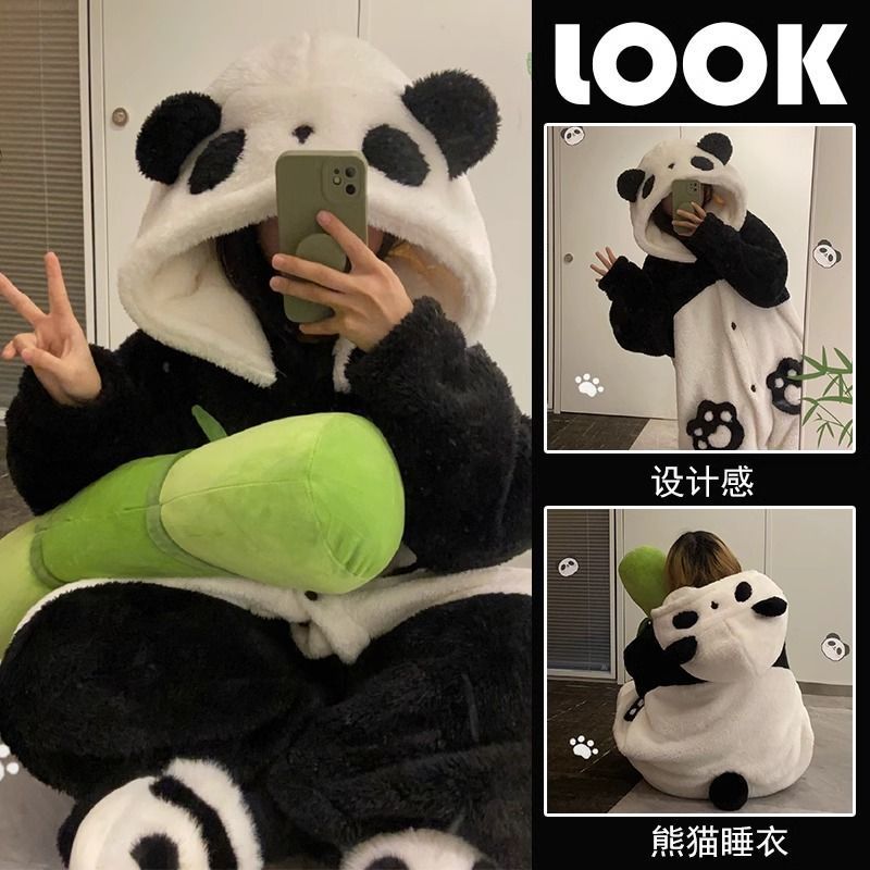 2025年新款卡通熊猫睡衣女冬季珊瑚绒加厚睡袍可爱少女家居服套装