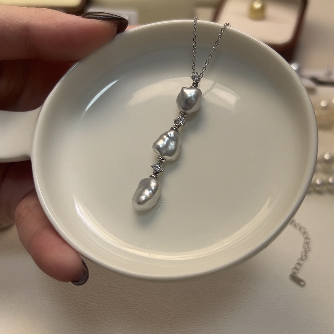 银S925镶嵌颈饰海水珍珠澳白高品质keshi约3g