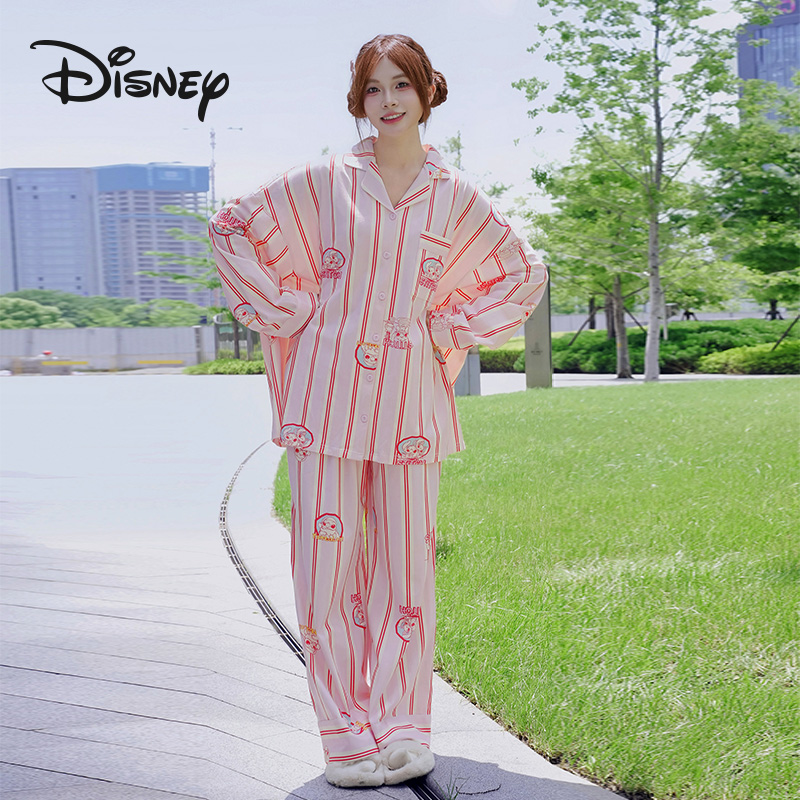 Disney/迪士尼秋季新款长袖长裤条纹卡通睡衣可外穿家居服套装