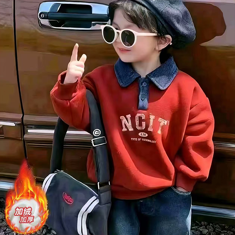 儿童冬加绒加厚上衣POLO衫安哥拉红奥利绒卫衣新年战袍拜年服