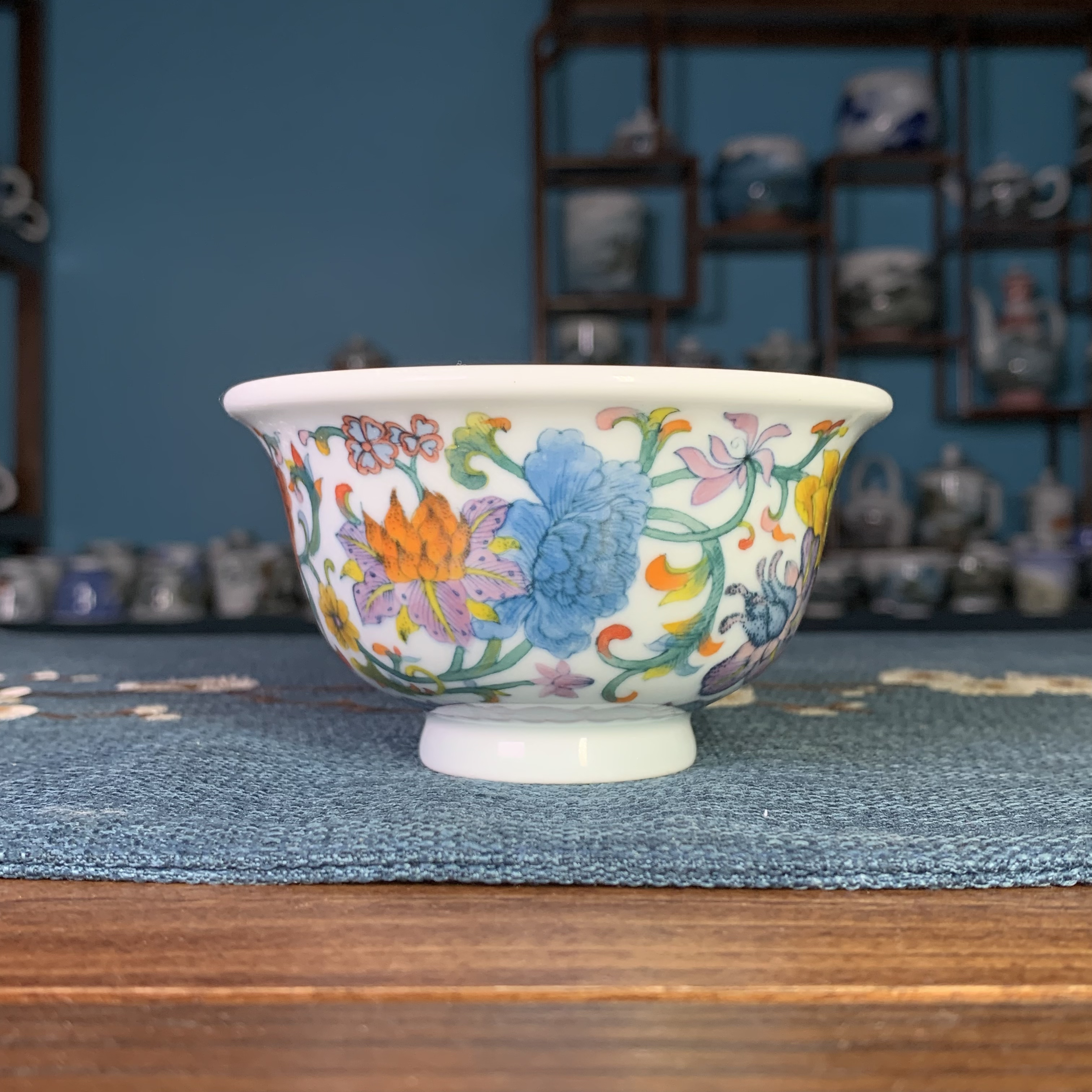 青远堂柴窑釉下五彩缠枝手绘凌霄花卉压手杯马蹄杯直筒杯茶杯茶具