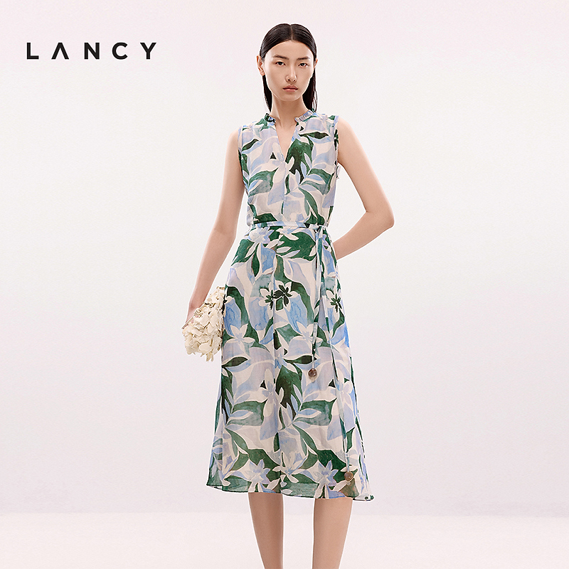【丝麻】LANCY/朗姿2025夏季新款气质印花无袖V领收腰度假连衣裙
