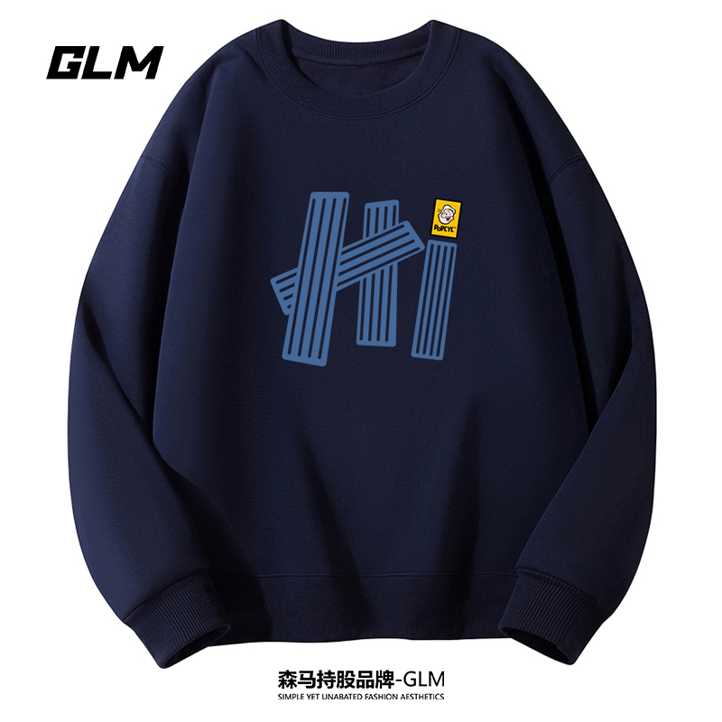 大力水手联名GLM春季男士卫衣休闲加绒加厚情侣大码长袖T恤打底衫