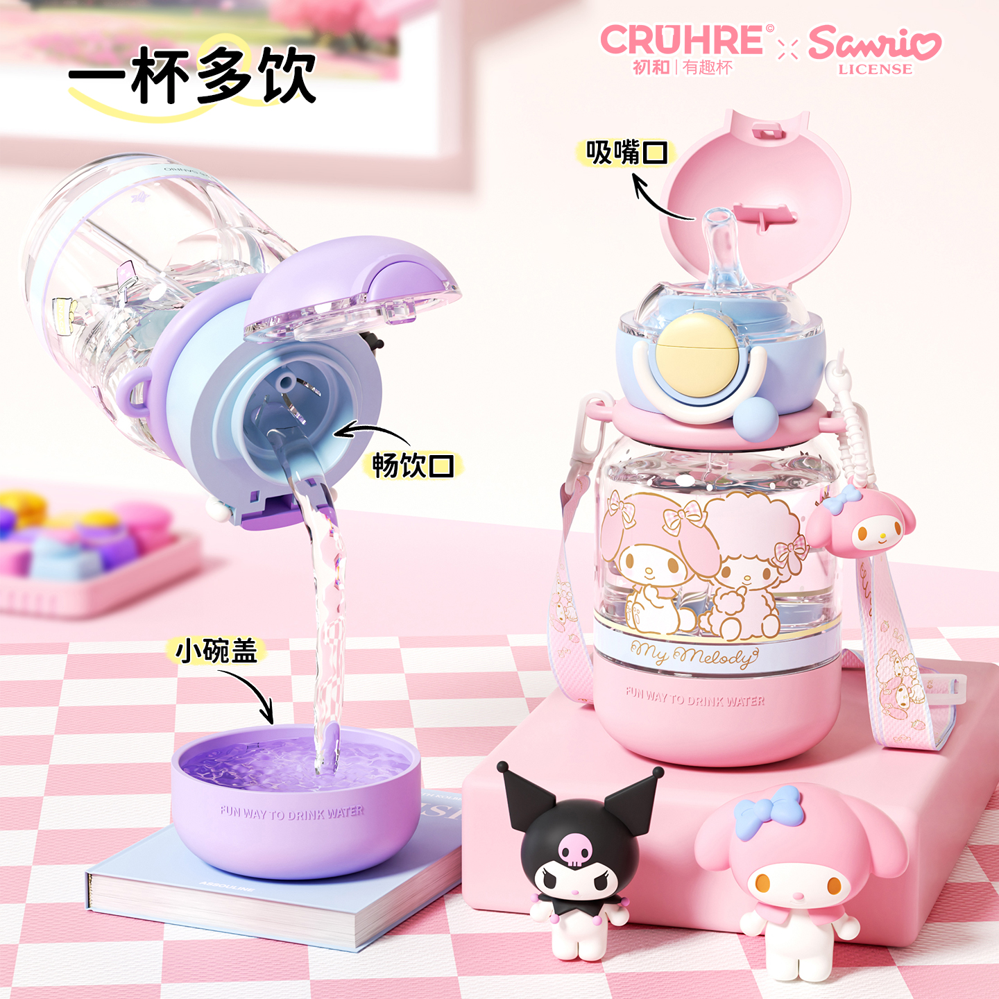 CRUHRE/初和【正版三丽鸥】耐高温Tritan母婴儿童可爱吸管水杯子