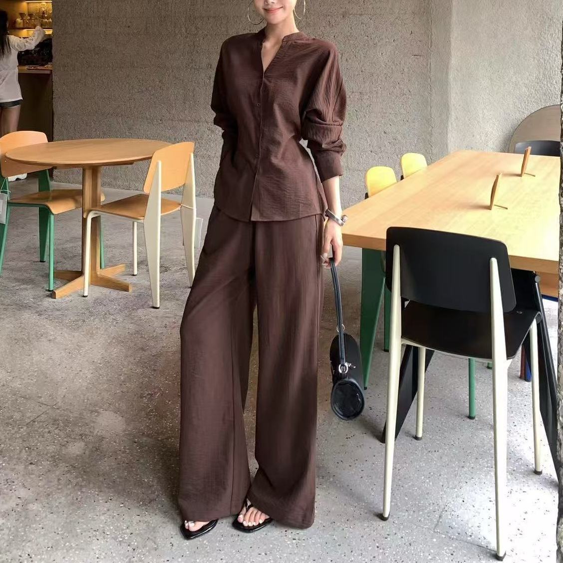 极简老钱风两件装优雅时髦衬衫长袖显瘦高腰系带气质休闲裤套装